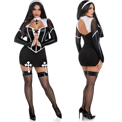 Women Faux Leather Costume Cosplay Night Club Nun Maid Long Sleeves Hollow Out Tops Short Skirt With Turban Uniform