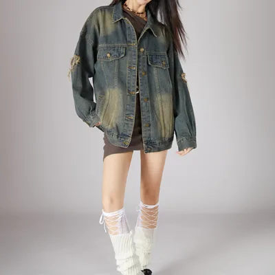 2024 Women's New Loose Retro American All-in-one Casual Design Ripped Denim Jacket