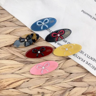 Women Trendy Decorative Hair Pin Colored Acetate Crystal Oval Hair Clip with Bow