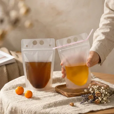 Wholesale Custom High-quality Double-zipper Portable Juice Drink Bags with Transparent Straps and Disposable Plastic Straws