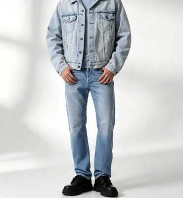 Mens Bleached Light Wash Classic Straight Cut Jeans Button Zip Fly Stretch Soft Denim Streetwear Trousers