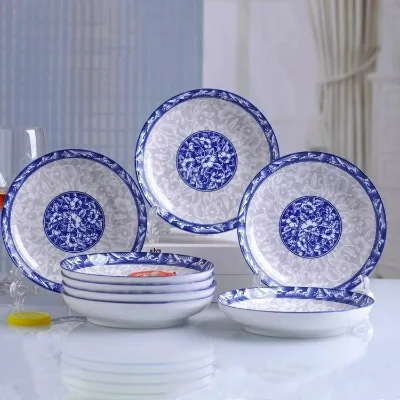 White/Blue Asian Chinese Melamine Dinnerware with Plate and Bowl