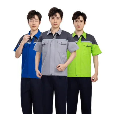 Summer Work Wear Suit for Men CVC Short Sleeve Working Clothes Construction Overall Uniforms Reflective Custom Logo