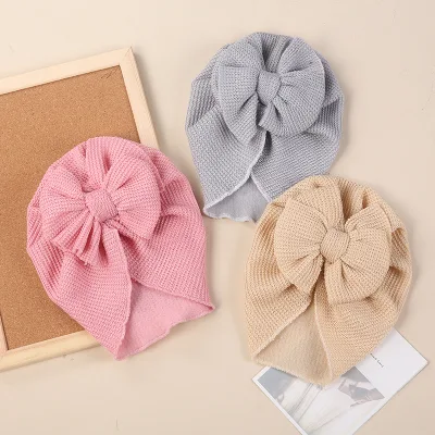 Autumn Winter Baby Girls Cotton Fabric Handmade Sweet Style Double-layer Bowknot Beanie Hat for Party and Casual Wear