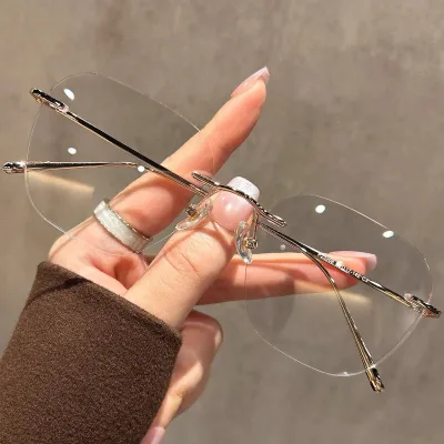 New Arrival Square Frameless Myopia Glasses for Unisex  Metal Leg Diamond Cut Lenses Anti Blue Light Optical Computer Glasses