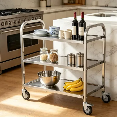 OEM Wholesale Square Tube 3 Tier Stainless Steel Serving Trolley, Mobile Food Service Cart for Restaurant Catering Bulk Supply