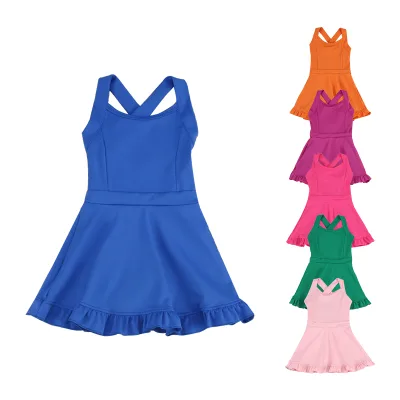 New Design Baby Workout Clothes Summer Seamless Knit Kids Yoga Wear Skirts Baby Girls Yoga Dress Athletic Bra Top Sets