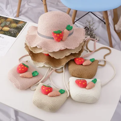 Kids Baby Outdoor Cartoon Hat +Children Beach Strawberry Straw Hat With Purses