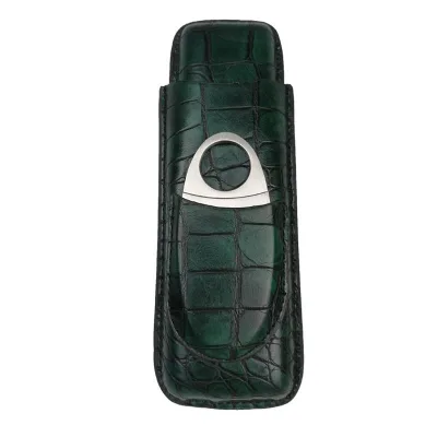 Green Blue Leather Cigar Travel Case 2 Tubes Cigar Case Portable Mini Cigars Case With Cutter