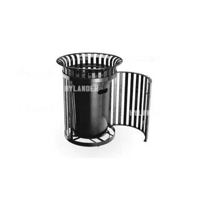 Commercial Trash Can 36 Gal. Simple Vertical Strap Design Steel Public Trash Bin for Parks
