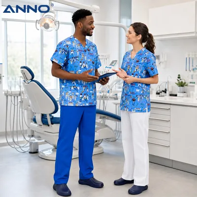 ANNO Professional Dental Assistant Uniform 3pcs Cartoon Scrub Suit and Anti-slip EVA Clogs for Dental Clinic