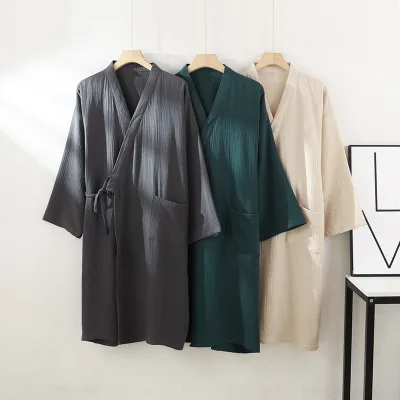 Spring and Summer Men's Nightgown Pure Cotton Double Gauze Thin Plus Size Kimono Bathrobe Loose Three-Quarter Sleeve Robe