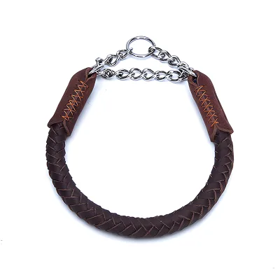 Medium Large Dog Training Neck Snare Cowhide Semi-Control P Chain Collar Leather Material Braided Explosion-Proof Punch Scarf