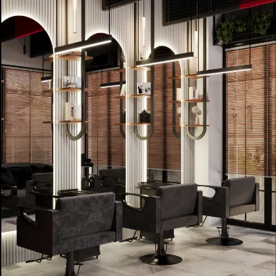 Factory Custom Hair Salon Design Men Beauty Salon Store Decoration Custom Wooden Barber Stand