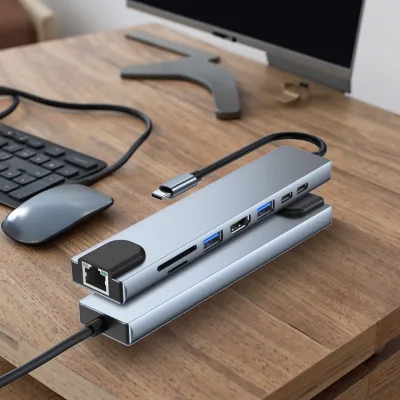 Multi-function Notebook Docking Station 8 in 1 PD87W Fast Charging Usb3.0 Type-c Hub with Net Work Interface