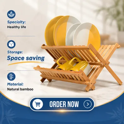 Modern 2-Tier Bamboo Foldable Dish Drying Rack Compact Space Saving Collapsible Drainer Shelf for Premium Healthy Living Kitchen