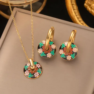 Stainless Steel Drop Oil Flower Disc Pendant Necklace OEM ODM Custom Jewelry Factory Brand Supplier Female Enamel Ethnic Jewelry