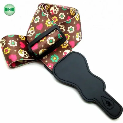 Flower Guitar Straps Black Leather End Customized With Your Own Design