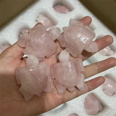 Wholesale 50mm Carving Crystal Crafts Crystal Heal Natural Rose pink Quartz Crystal Sea Turtles Figurine for Sale