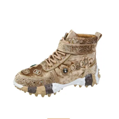 Hot Leather Casual Shoes Rhinestones High Top Sneakers Women Vulcanized Lace up New Internet Celebrity All-Match Flat Thick Sole