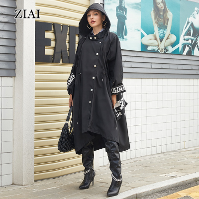 Loose Trench Coat Women Hooded Printed Long-sleeved Windbreaker Type Dark Fashion Personality Long Trench Coat