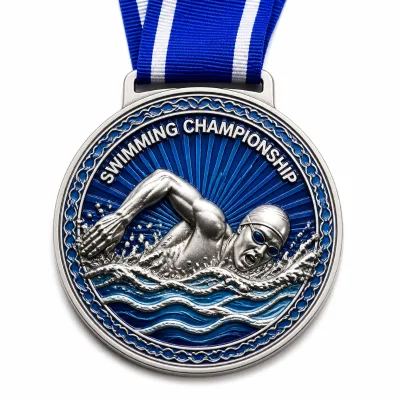 Customized Double-sided 3D Metal Engraved Gold Silver Plated Sports Commemorative Swimming Championship Medals with Ribbon