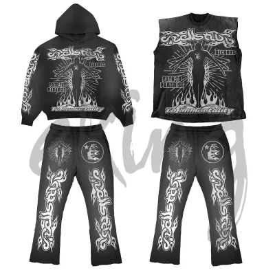 Custom 100% Cotton Heavyweight Hoodie Set Silk Screen Printed Design Zip up Rhinestone Hoodies and Sweatpants Set for Men