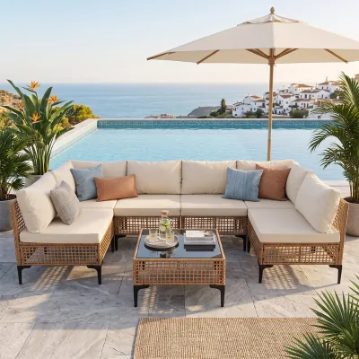 PE Rattan Outdoor All Weather Courtyard Furniture Set Beige Garden Combination Coffee Table Sofa