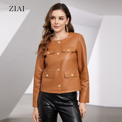 Womens Button Front Lambskin Leather Jacket Shacket - Casual Shirt Long Sleeve Leather Jacket Women With Bust Pocket