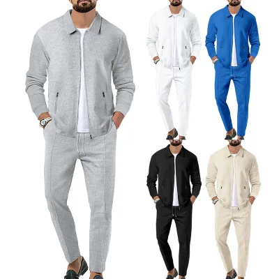 2024 Men's Autumn Waffle Zippered Pocket Flip Collar Slim Fit Cardigan Jacket Set