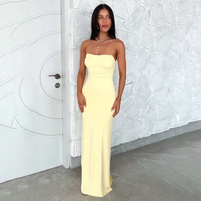 2025 European American Summer Party Dress New Slim Fashion Strapless Backless Tie Pleated Long Style Chiffon Fabric