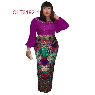 Spring and Autumn Elastic Elegant Large Size High Waist Round Neck Pullover Sequins Wrapped Hip Long Skirt with Belt
