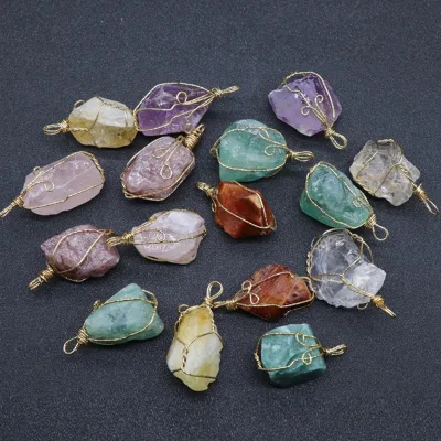 Fashion Natural Tumbled Stone Necklaces Handmade Pendants Wire Wrap Chakra Raw Amethyst Carnelian Fluorite Pendant Women Jewelry