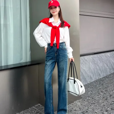 Hot Sale Summer Autumn Women's Eco-Friendly Gradient Washed Knitted Wide Leg Jeans Mid Waist Casual Denim Button Boot Cut