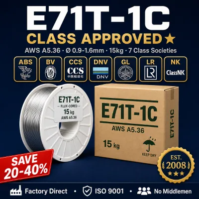 E71T-1C Flux Core Wire 1.2mm 1kg 5kg 15kg Mild Steel Mig Wire CCS ABS LR DNV for Shipbuilding Bridge Building Factory Wholesale