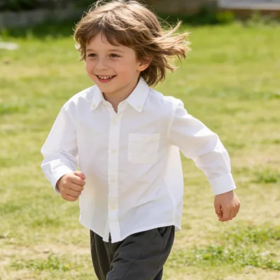 Old Qian Feng Cotton Linen Long-sleeved Solid Color Children's Shirt Turn-down Collar Casual Spring Summer New Boys'