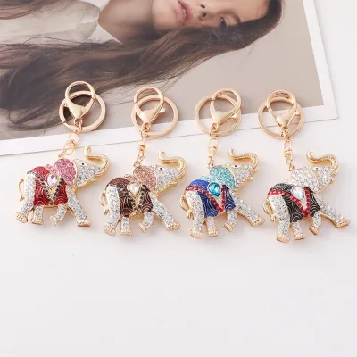 New Style Long-nosed Elephant Keychain, Metal Painted Elephant with Diamond Inlay, Bag Pendant, Thai Scenic Spot Gift
