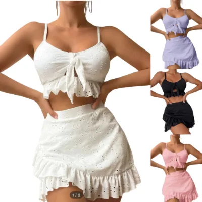 New Arrival Women's 3 Piece Beach Skirt Solid Color Summer Swimsuit