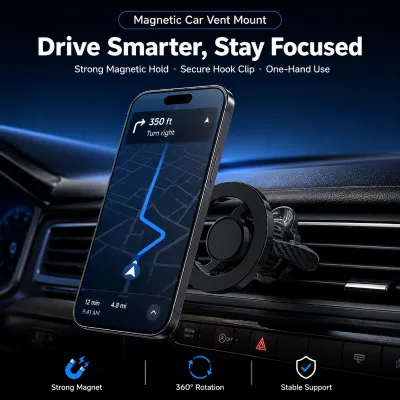 Glossy Black Ring Magnetic Stable Suction Cup Mount Anti-Slip Easy Install Phone Holder Aluminum Alloy ABS Hook Clip Dual Knob