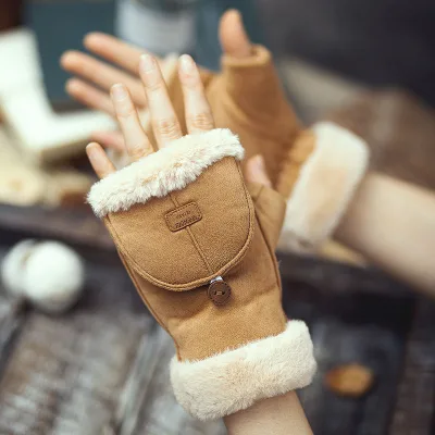 Suede Fleece Women Adult Autumn Winter Warm Cute Flip Touch Screen Cycling Gloves