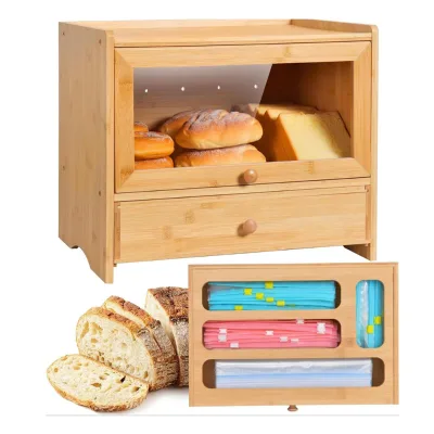 Bamboo Bread Box Double Layer Storage Box with Drawers with Plastic Wrap Compartments Large Capacity Snacks Storage
