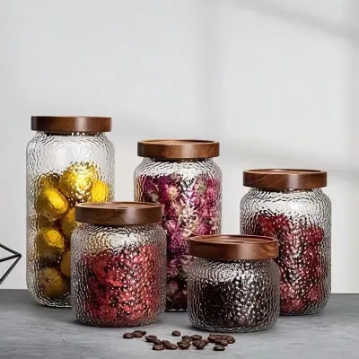 Airtight Bamboo Wooden Lids Glass Food Storage Jars with Wooden Lid for Kitchen Use for Pasta Cookies Nuts Coffee Beans Cereal