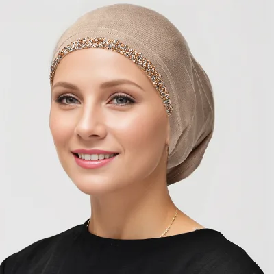 New Solid Color Modal Mercerized Inner Cap with Rhinestone Elastic Tie Strap Pullover Women