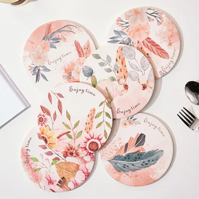 Home Flower Ceramic and Cork Insulation Placemat Kitchen Non-slip Table Teacup Placemat Wholesale Can logo
