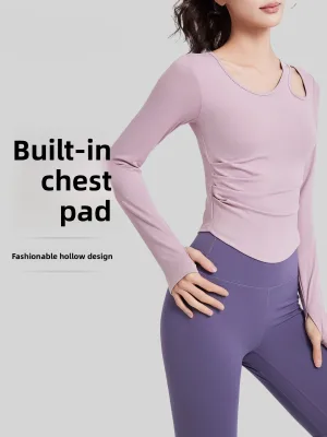 Autumn Winter New Asymmetrical Shoulder Yoga Top Hollow Out Ruched Slim Fit Pilates Sports Fitness Yoga Top for Women