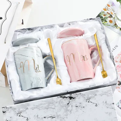 European-style Marble-pattern Ceramic Heat-resisting Coffee Mug Set for Weddings Couples with logo Printing Color Box Packaging