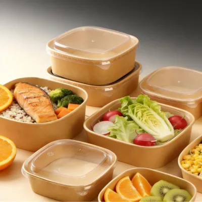 Eco Bulk Custom Rectangle Kraft Paper Salad Bowl 500ml to 1000ml Lunch Sushi Snacks Food Square Paper Bowl with Lid