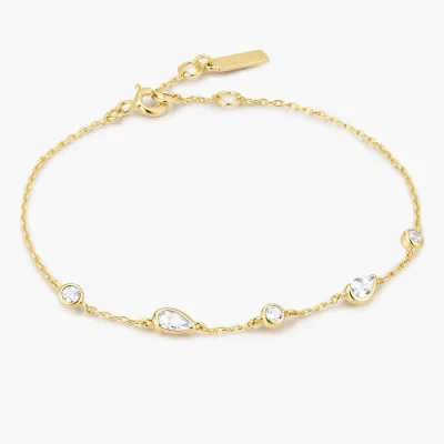 CHICNNA Dainty 18k Gold S925 Silver Zircon Round Teardrop Bezel Charm Bracelet Non-Tarnish Hypoallergenic Gift Women