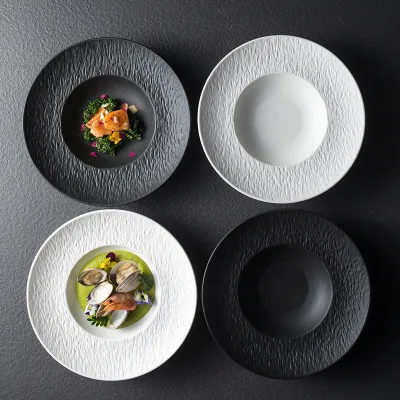 Ceramic Rock Grain Flat Plate Black and White Western Food Steak Plate Home Frosted Fruit Breakfast Dessert Dish Kitchen Cutlery