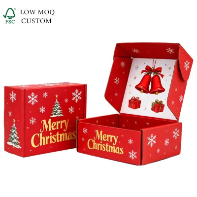 Red Christmas Gift Box Custom Hot Stamped Logo Multi Size Craft Paper Packaging Box for Apparel Holiday Gift Shipping